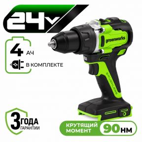 Аккумуляторная дрель-шуруповерт Greenworks GD24DD90 б/щ, 45/90 Н·м, 24v (АКБ 1x4Ah, З/У) Аккумуляторная дрель-шуруповерт Greenworks GD24DD90 б/щ, 45/90 Н·м, 24v (АКБ 1x4Ah, З/У)