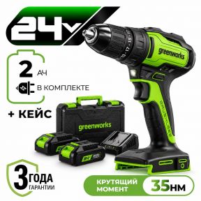 Аккумуляторная дрель-шуруповерт Greenworks GD24DD35K2, 24v (АКБ 1х2Ач и З/У) Аккумуляторная дрель-шуруповерт Greenworks GD24DD35K2, 24v (АКБ 1х2Ач и З/У)