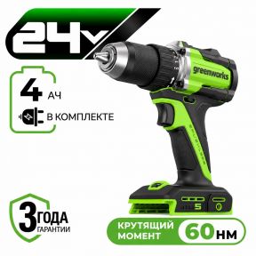 Аккумуляторная дрель-шуруповерт Greenworks DD560 б/щ, 60 Н·м, 24v (АКБ 1х4Ah, З/У) Аккумуляторная дрель-шуруповерт Greenworks DD560 б/щ, 60 Н·м, 24v (АКБ 1х4Ah, З/У)