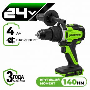 Аккумуляторная ударная дрель-шуруповерт Greenworks GD24DD140 б/щ, 70/140 Н·м, 24v (АКБ 1x4Ah, З/У) Аккумуляторная ударная дрель-шуруповерт Greenworks GD24DD140 б/щ, 70/140 Н·м, 24v (АКБ 1x4Ah, З/У)