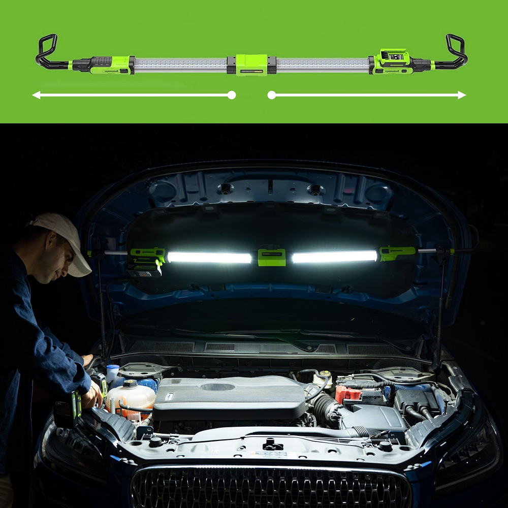 Аккумуляторный подкапотный LED-прожектор Greenworks G24UHL, 24v (без АКБ и З/У) - Прочная складная конструкция прожектора из двух плафонов выполнена с химически стойкой поликарбонатной линзой и алюминиевым корпусом. В сложенном виде габариты составляют всего 71,8 x 25,3 x 9,2 см, что позволяет легко поместить его в багажник автомобиля или в ящик верстака. Ширина установки под капот регулируется от 142 до 204 см благодаря раздвижной конструкции и поворотным крюкам с защитным покрытием, предохраняющим лакокрасочное покрытие (ЛКП) от повреждений.
