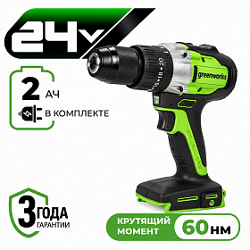Аккумуляторная ударная дрель-шуруповерт Greenworks GD24DD60 б/щ, 30/60 Н·м, 24v (АКБ 1х2Ah, З/У, кор)